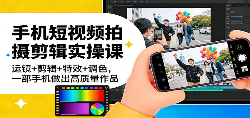 手机短视频拍摄剪辑实操课：运镜+剪辑+特效+调色，一部手机做出高质量作品-天天资源网