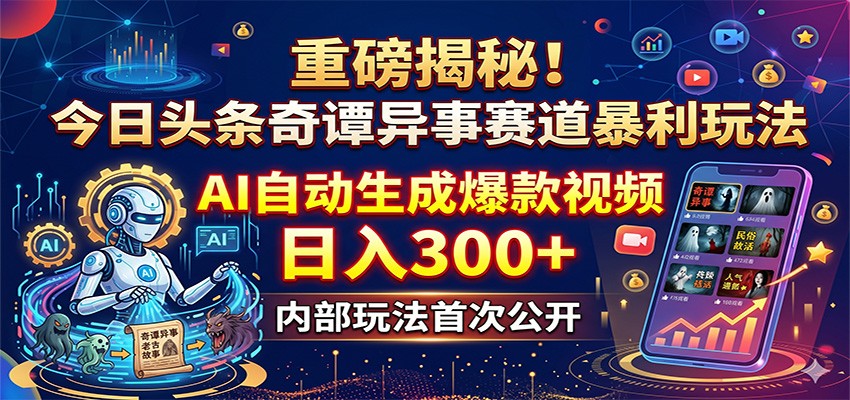 重磅揭秘！今日头条奇谭异事赛道暴利玩法：AI自动生成爆款视频，日入300+-天天资源网