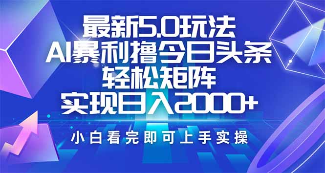 （14336期）今日头条最新5.0玩法，思路简单，复制粘贴，轻松实现矩阵日入2000+-天天资源网