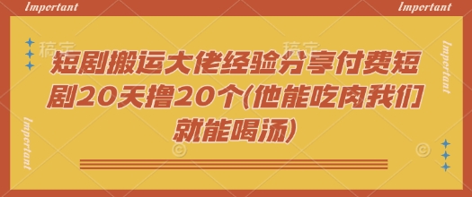 短剧搬运大佬经验分享付费短剧20天撸20个(他能吃肉我们就能喝汤)-天天资源网